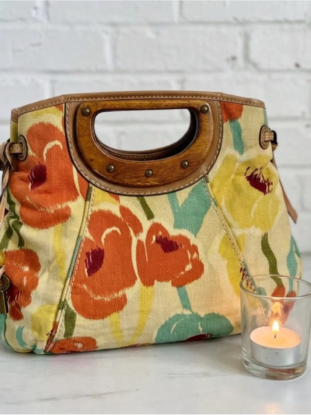 Vintage Fossil Floral Canvas Tote in Orange, Yellow & Teal with Wood Handle